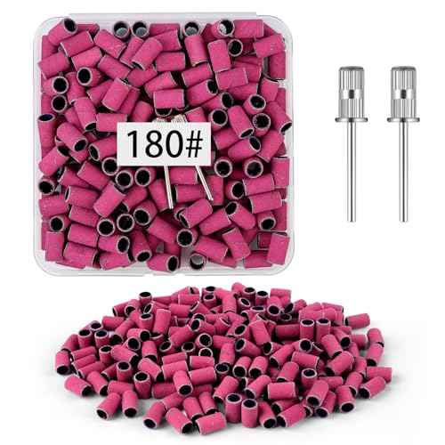 BEVTEE 200Pcs Sanding Bands for Nail Drill, 180 Grit Small Nail Sanding Bands, with 2pcs 3/32'' Nail Drill Bits, for Acrylic Nails Gel Manicures and Pedicure, Pink, Including a Dedicated Organizer