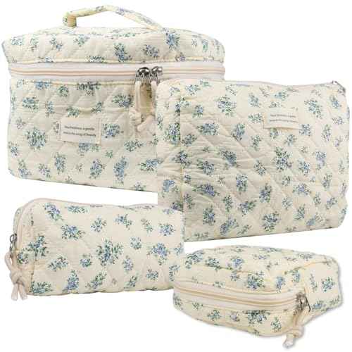 VIWIME Makeup Cosmetic Bag, Large Cotton Quilted Travel Coquette Aesthetic Cute Floral Make up Bag for Women Toiletry Bag Organizer (203- Blue Rose / 4Pcs)