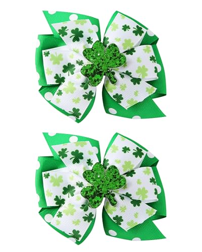 2 Pack St Patricks Day Hair Bows Green Glitter Clover Alligator Clips Girls Women Shamrock Irish Party Accessories 4 Inch