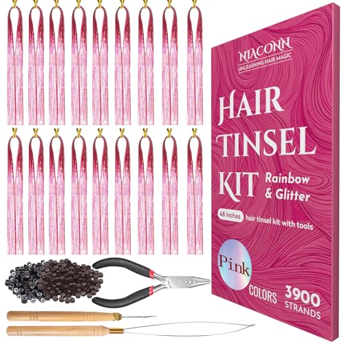 NIACONN Pink Glitter Hair Tinsel Extensions Kit - 18 Strands, 48 Inch