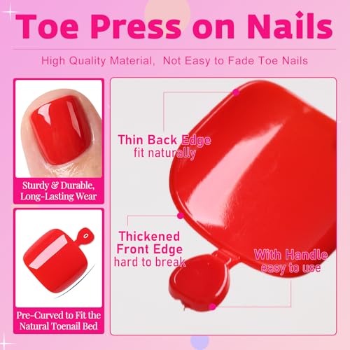 AddFavor Tomato Red Press On Toenails - 144pcs Full Cover Fake Nails for Women