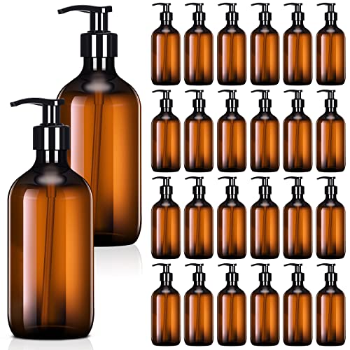Tessco for You 24 Pcs Amber Soap Dispenser Empty Plastic Pump Bottles Refillable Shampoo Container for Hand Sanitizer Soap Lotion Body Wash Conditioner Bathroom Travel, 16.9oz