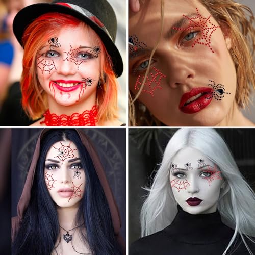 Halloween Spider Web Face Jewel Stickers - Red & Black Gem Stickers