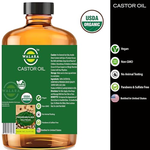 USDA Organic Castor Oil 16 oz - Cold Pressed, Hexane-Free Hair & Skin Treatment