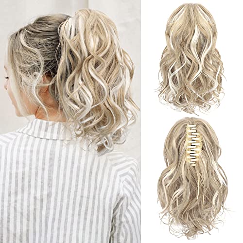 SEIKEA 10" Highlight Ponytail Extension Claw Short Thick Wavy Curly Jaw Clip in Fake Pony Tails Fake Hair Soft Natural Looking Synthetic Hairpiece for Women Medium Blonde with White Blonde Highlights