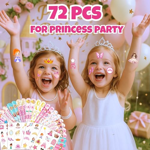 72PCS Little Princess Party Set - 48PCS Temporary Tattoos & 24PCS Slap Bracelets - Cute Birthday Supplies, Baby Shower Gifts, Classroom Rewards & Princess-Themed Decor for Girls