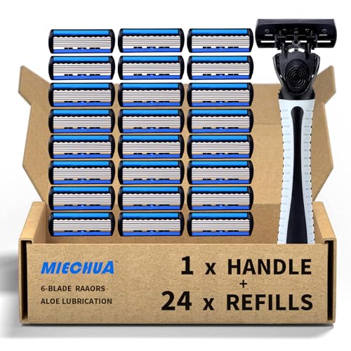 Men's 6-Blade Reusable Razor with 24 Cartridges & Anti-Slip Handle