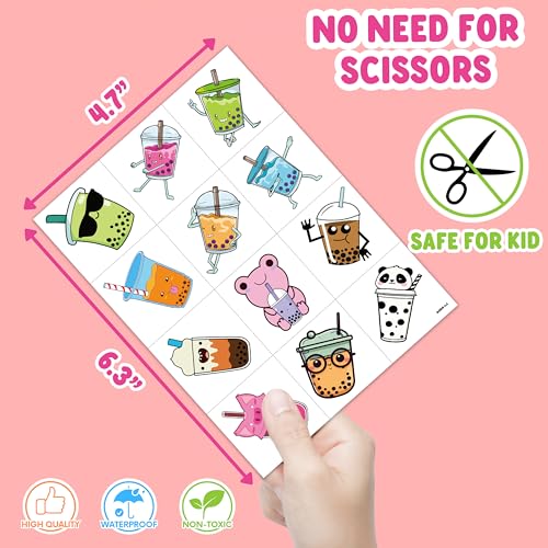 96 PCS Funny Bubble Boba Milk Tea Pre-cut Temporary Tattoos Sticker Theme Birthday Party Decorations Supplies Decor Favors Gifts Boys Girls Adults Cute Tattoo School Reward Prizes Christmas Carnival