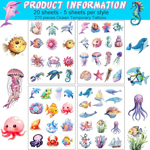 20 Sheets Ocean Animals Temporary Tattoos Stickers 270Pcs Under The Sea Life Tattoos Birthday Party Favors Decorations Supplies for Goodie Bags Fillers Exchange Gifts School Prizes Game Rewards