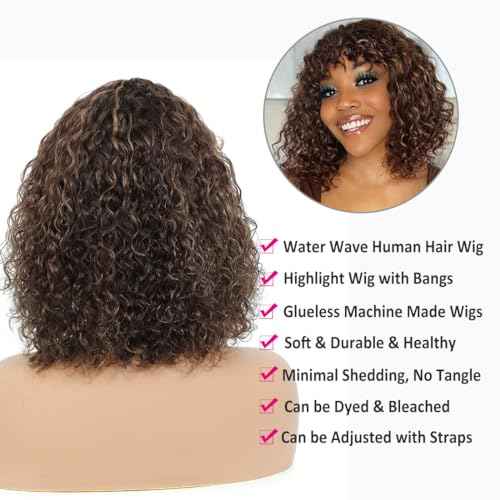 12" Highlights Curly Human Hair Wig with Bangs Short Curly Bob Wigs for Black Women Water Wave Human Hair Wig with Bangs Blonde Highlight Curly Wigs Wear and Go None Lace Front Glueless Wig F4/27