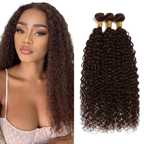AuokMar Chocolate Brown #4 Kinky Curly Human Hair Extensions 30-34 Inch – 3 Bundles, 150g
