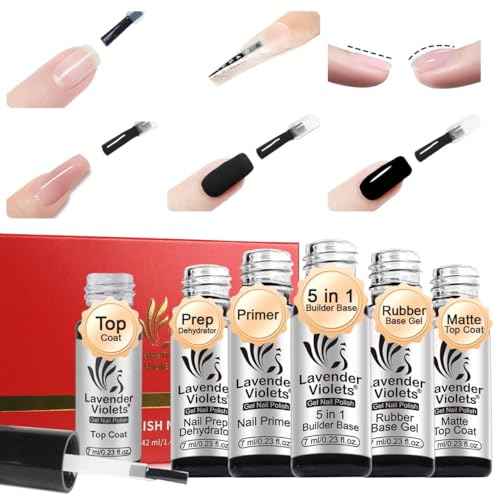 Lavender Violets 6pcs Gel Base and Top Coat Set Nail Dehydrator and Primer, 5-in-1 Builder & Pink Rubber Base Coat, Matte & No-Wipe Top Coat Long-Lasting Manicure Essential Kit for Home DIY C200