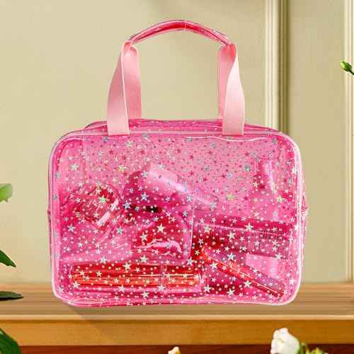 TotePrint Hot Pink Star Large Cosmetic Bag 12x5x8 inch Travel Pouch with Handle,Durable PVC Material,Zipper Design-Ideal for Makeup,Travel Essentials