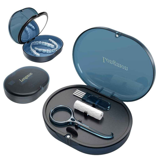 LONGMON New Double-layer Retainer Storage Case with Belt Chewing,Removal Tool,Cleaning Brush,Built in Mirror Orthodontic Retainer Case