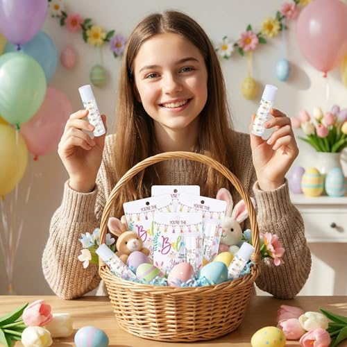 12 Pack Easter Gifts for Coworkers Employees Lip Balm Bulk Moisturizing Nourishing Lip Care Thank You Gift Set for Women Adults Adorable Easter Basket Stuffers Party Favors (Bunny)