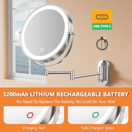 Auxmir 8'' Wall Mounted Lighted Makeup Mirror, 3200mAh Rechargeable Double-Sided 1X/20X Magnifying Mirror with Light, Touch Dimmable 3 Color Light, 360¡Æ Rotation Foldable Extended Arm, Chrome