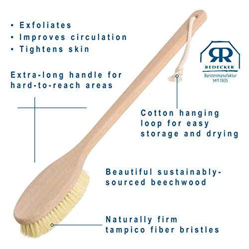 REDECKER Bath Brush with Tampico Fiber Bristles and Oiled Beechwood Handle, 19-5/8-Inches Long, Made in Germany