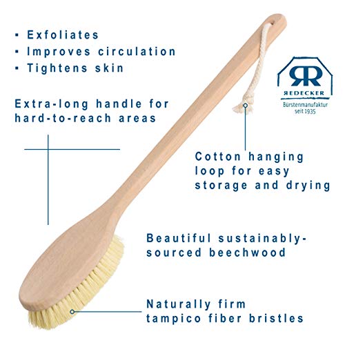 REDECKER Bath Brush with Tampico Fiber Bristles and Oiled Beechwood Handle, 19-5/8-Inches Long, Made in Germany