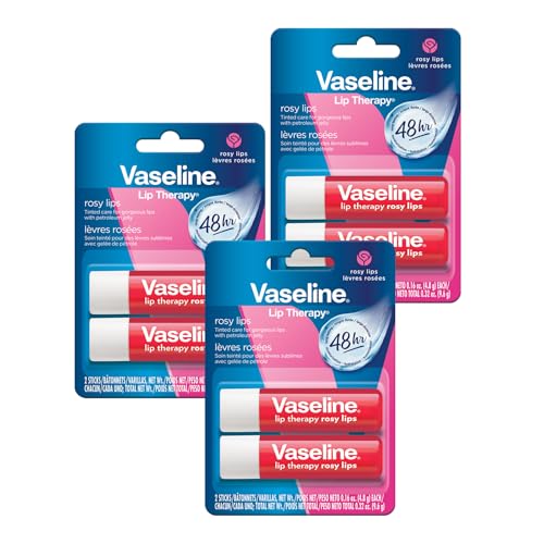 Vaseline Lip Therapy Care Rosy, Fast-Acting Nourishment, Ideal for Chapped, Dry, Cracked, or Damaged Lips, Lip Balm, 3-Pack of 2, 0.16 Oz Each, 6 Lip Balms