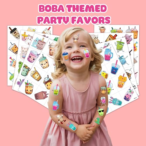 96 PCS Funny Bubble Boba Milk Tea Pre-cut Temporary Tattoos Sticker Theme Birthday Party Decorations Supplies Decor Favors Gifts Boys Girls Adults Cute Tattoo School Reward Prizes Christmas Carnival