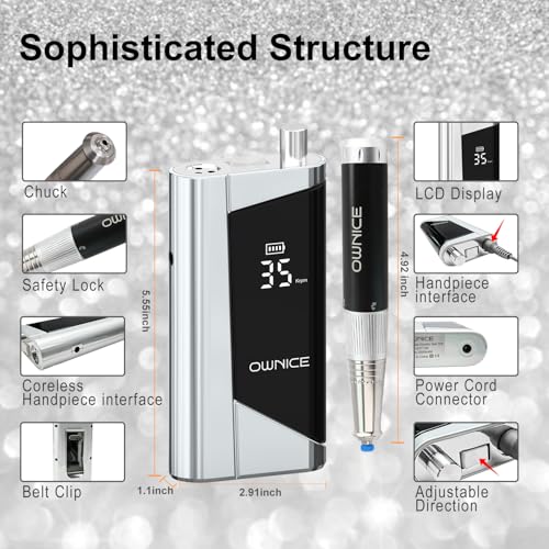 OWNICE Cordless Electric Nail Drill 35000RPM for Manicure & Pedicure Sky Silver