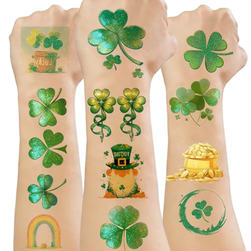 24 Sheets St Patricks Day Glitter Shamrock Tattoos, Irish Themed Saint Patricks Day Accessories with Green Clover, St Patricks Day Temporary Tattoos for St Patricks Day Party Favors Decorations Parade