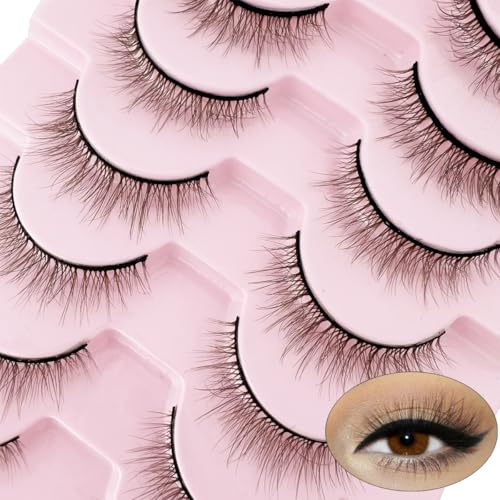 Brown Eyelashes Natural Lashes Cat Eye Wispy False Eyelashes Mink Fluffy Dramatic Light Brown Strip Lashes Long Volume Fake Eyelashes 10 Pairs (MQ611)
