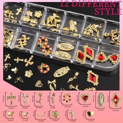 Teenitor Gold Nail Charms with Flatback Nail Pearls, 3D Nail Charms and Gems for Nail Art Design, Gold Pearls for Nails with Heart Star Cross Nail Charms, Nails Supplies Nail Accessories