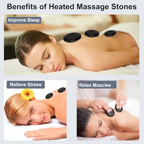 Hot Stone Massage Set with Warmer Kit,10 PCS Rocks Stones with Bamboo Heater Box,Massage Warmer Kit with Temperature Control and Timming Setting,Massage Stone Heater for Spa & Home Use
