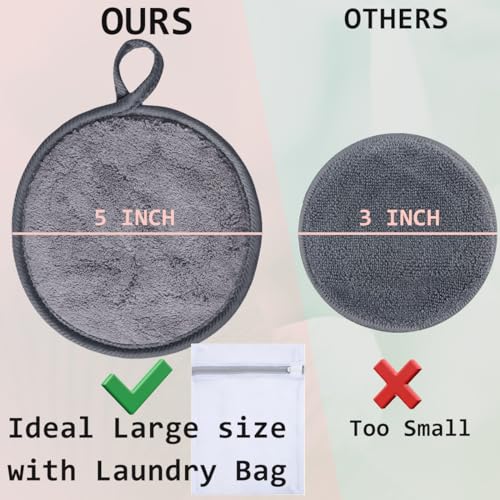 Large Reusable Makeup Remover Pads for Face, Soft Microfiber Makeup Remover Cloths Washable, Premiun 5 INCH Face Cleaning Pad with Laundry Bag, 12 Pack Grey
