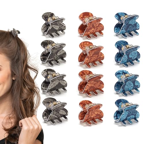 Cobahom 12 Pcs 1.06 Inch Cute Small Claw Clips Mini No-Slip Jaw Clips for Thin Thick Hair Printed Hair Clips Hair Accessories for Women Girls, Leaf Theme