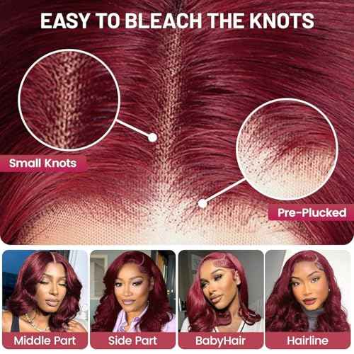 Reddish Brown Bob Wig Human Hair Body Wave 13x4 HD Lace Front Wigs Human Hair 12Inch 33# Body Wave Lace Frontal Wig Pre Plucked 180% Density Wine Red Bob Wigs for Women