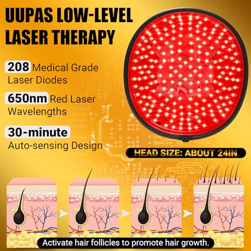 Laser Hair Growth Cap, FDA Cleared, UUPAS 208 Laser Diodes Red Light Therapy for Hair Regrowth - Laser Hat Hair Loss Treatment for Men & Women - Full Scalp Coverage - For Alopecia Hair Growth Products