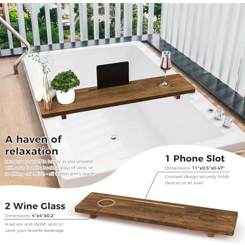 Premium Bathtub Tray Caddy, Solid Acacia Wood Bath Tray for Tub, Adjustable Bath Tub Tray for Freestanding Tubs, Anti-Tipping, Sustainable Tub Tray, Holder for Tablet with Book and Wine Glass Holder