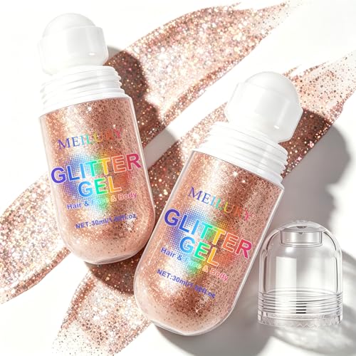 Meilury 2PCS Champagne Roll-On Body Glitter Gel - Holographic Chameleon Sequins for Face, Hair & Body