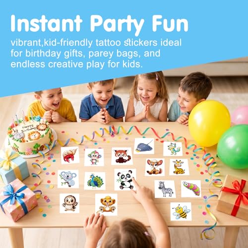 Large Temporary Tattoos for Kids, 80 Cartoon Animal Designs, 2" Stickers