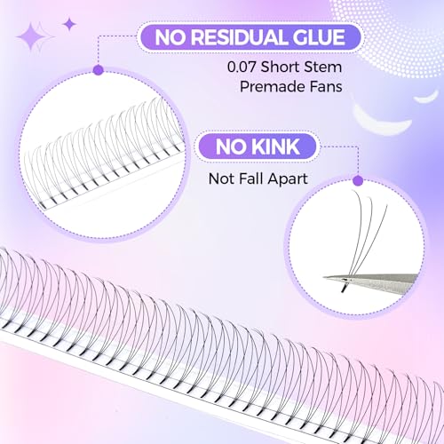 Premade 3D Lash Fans 800 Pack, 0.07mm Short Stem, 8-15mm Mix