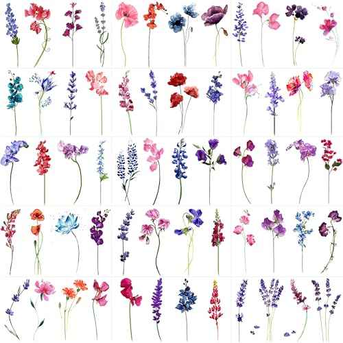 15 Sheets Watercolor Flower Lavender Temporary Tattoos For Women Adults, Water Color Tiny Wild Floral Tattoo Sticker, Fake Tattoos That Look Real And Long Lasting