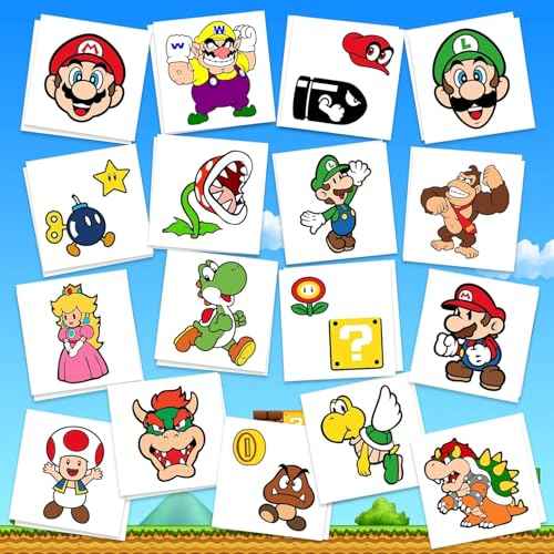 Mario Birthday Party Supplies, 34Pcs Temporary Tattoos Party Gifts, Glow In The Dark Removable Skin Safe, Fake Tattoo Stickers for Goody Bag Treat Bag Stuff for Mario Birthday Party
