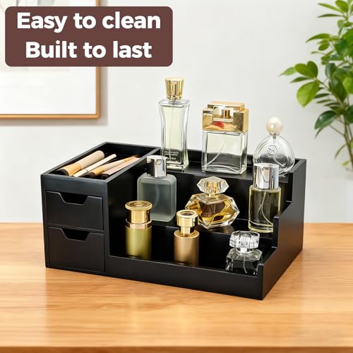 Countertop Perfume & Makeup Organizer - Wooden Rack, Cologne Stand Shelves & Skincare Organizer for Bedroom Dresser, Organizador de Perfumes Estante para Perfumes (Black, 01)