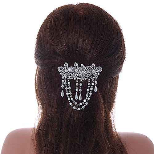 Rhodium Plated Clear Crystal, White Faux Pearl Floral Barrette Hair Clip Grip - 95mm Across
