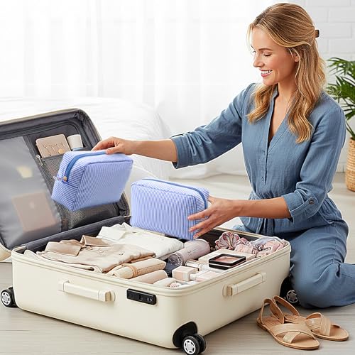 Sanwuta 10 Pcs Seersucker Makeup Bags - Travel Toiletry Organizer