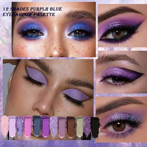 Purple Eyeshadow Palette, 12 Shades Lavender Purple Glitter EyeMakeup Pallet Smokey Neutral Silky Blendable Cream Eye Shadow for Older Women MatteMatellic Pink Compact for Cosplay Halloween Witch Look