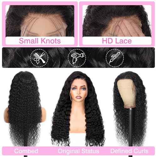 BVLBVL 28 Inch 13x6 Deep Wave Lace Front Wigs Human Hair 180 Density Curly Human Hair Wig HD Lace Frontal Wig Pre Plucked, Real Human Hair No Synthetic Blend No Tangle No Shedding Triple Lifespan 3X