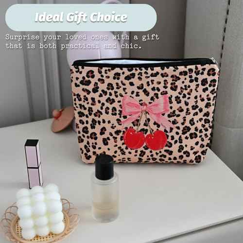 Leopard Print Cherry Makeup Bag,Cosmetic Bag for Women, Large Capacity Toiletry Bag,Zipper Pouch, Travel Accessories Storage with Lining