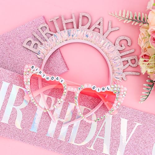 Birthday Girl Sash Headband Glasses Tiara Set Pink