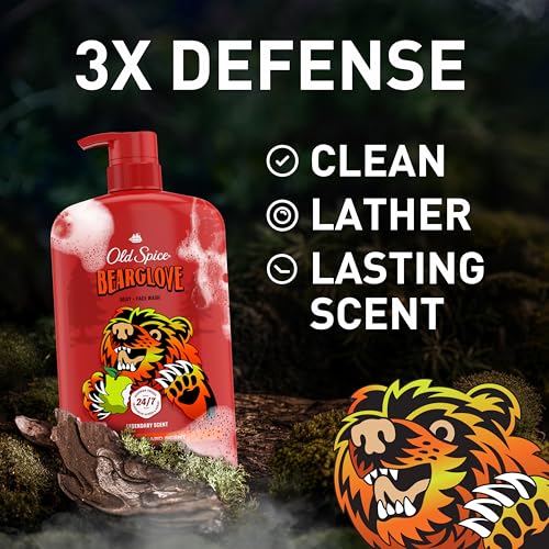 Old Spice Cleansing Body Wash for Men, 3X Defense, 24/7 Shower Fresh with Lasting Scent, 2-in-1 Body & Face Wash, Bearglove with Crisp Orchard Scent, 33.4 (Pack of 4)
