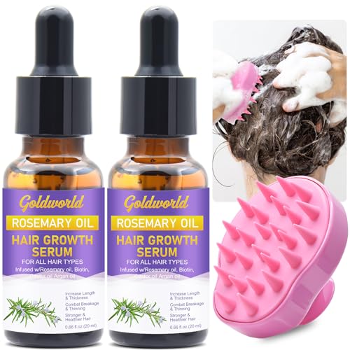 Rosemary Oil for Hair Growth,2 Pack Hair Growth Serum Products w/Scalp Massager Rosemary Oil Castor Oil Biotin Argan Oil for Thinning Dry Damaged Hair Ingrown Regrowth Loss Treatment for Women Men