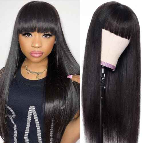 Straight Human Hair Wigs with Bangs 2x4 Lace Closure Wigs Human Hair 180% Density Drawstring Glueless Wigs Human Hair for Women Lace Front Wigs Human Hair Natural Black 22inch.