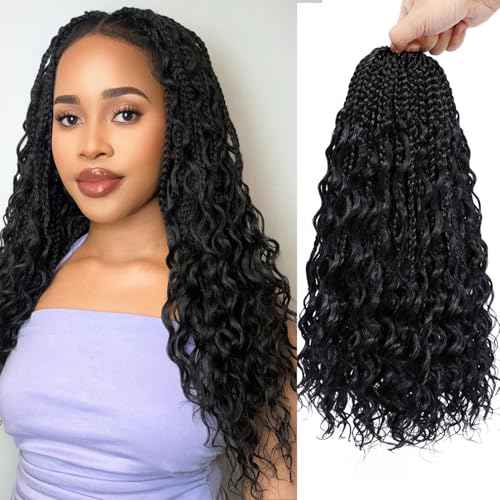 Goddess Box Braids Crochet Hair for Women 14 Inch 8 Packs Boho Crochet Box Braids with Curly Ends Bohemian Pre-looped Braiding Hair Extensions(14inch,1B)